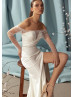 Off Shoulder Pearls Beaded Ivory Satin Slit Wedding Dress